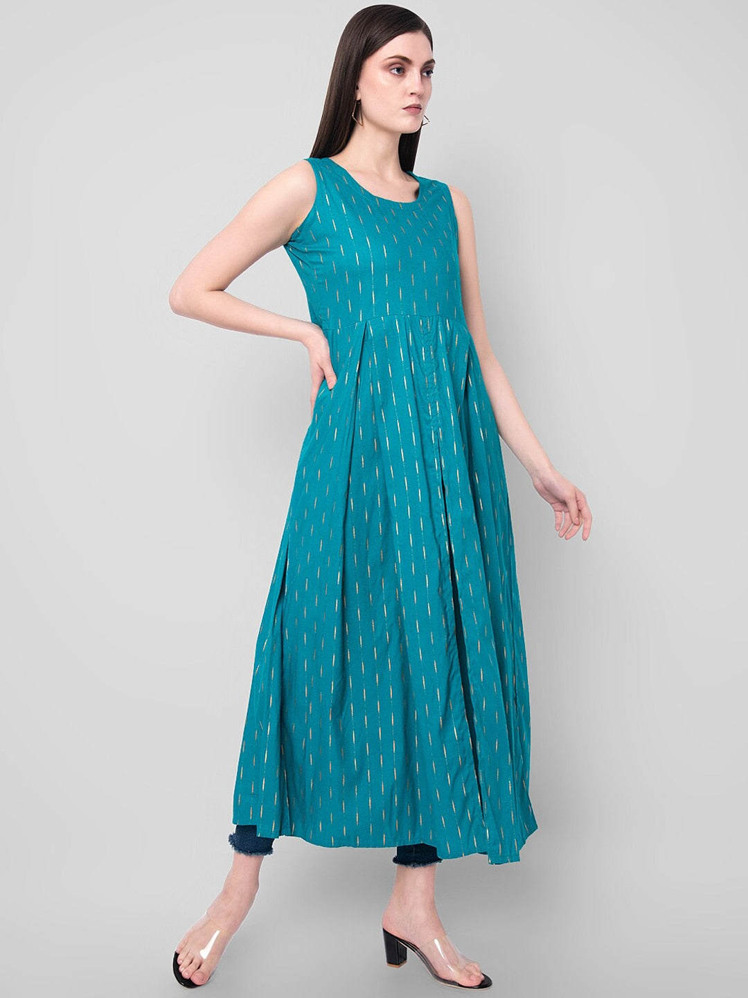 Kalini Women Turquoise Blue Ethnic Motifs High-Slit Kurta - Swadesiicart