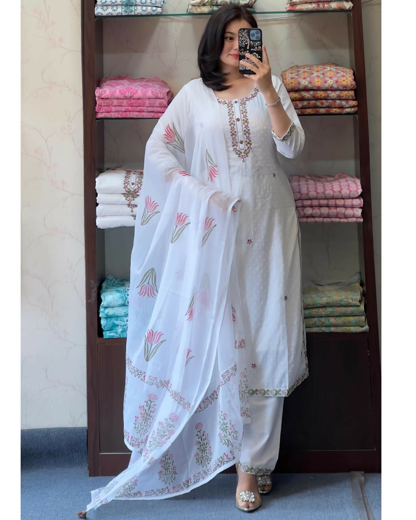 The52 White Women's Gorgeous Georgette Butti Fabric Embroidered Work Straight Kurta Pant and Dupatta Set - Swadesiicart