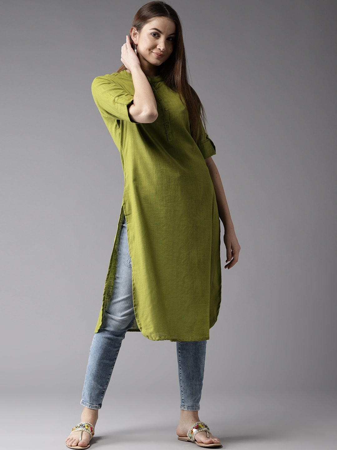 HERE&NOW Women Sap Green Solid Symmetric Kurta - Swadesiicart
