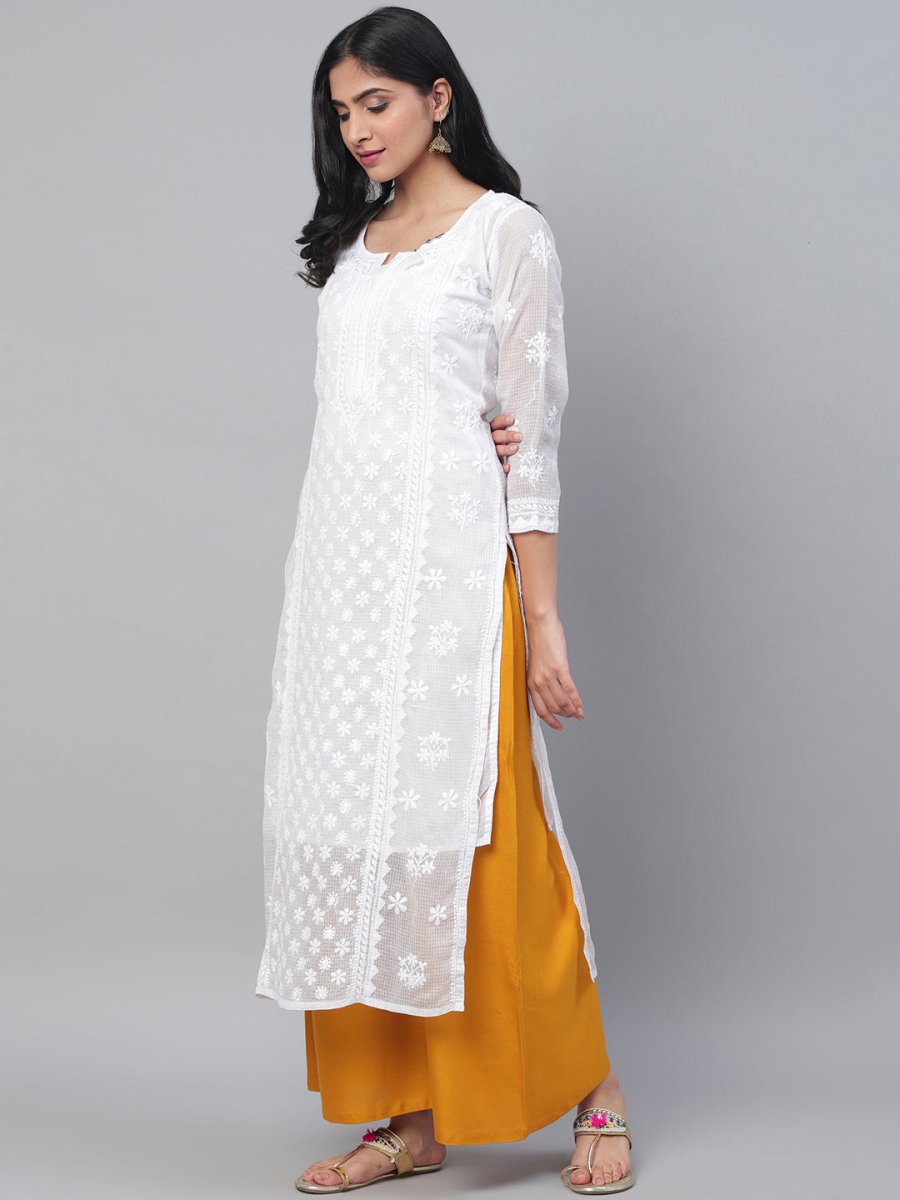 ADA Women White Chikankari Hand Embroidered Semi-Sheer Straight Kota Handloom Kurta | Swadesiicart