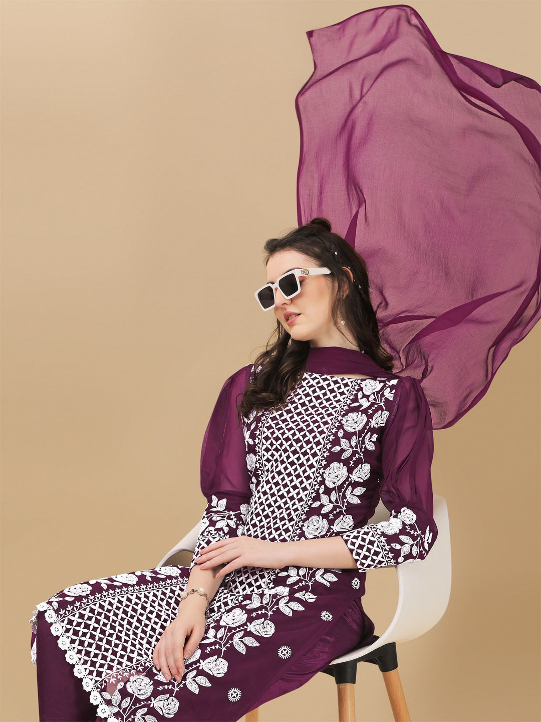 HERE&NOW Floral Lucknowi Chikankari Embroidered Kurta with Trousers & Dupatta | Swadesiicart