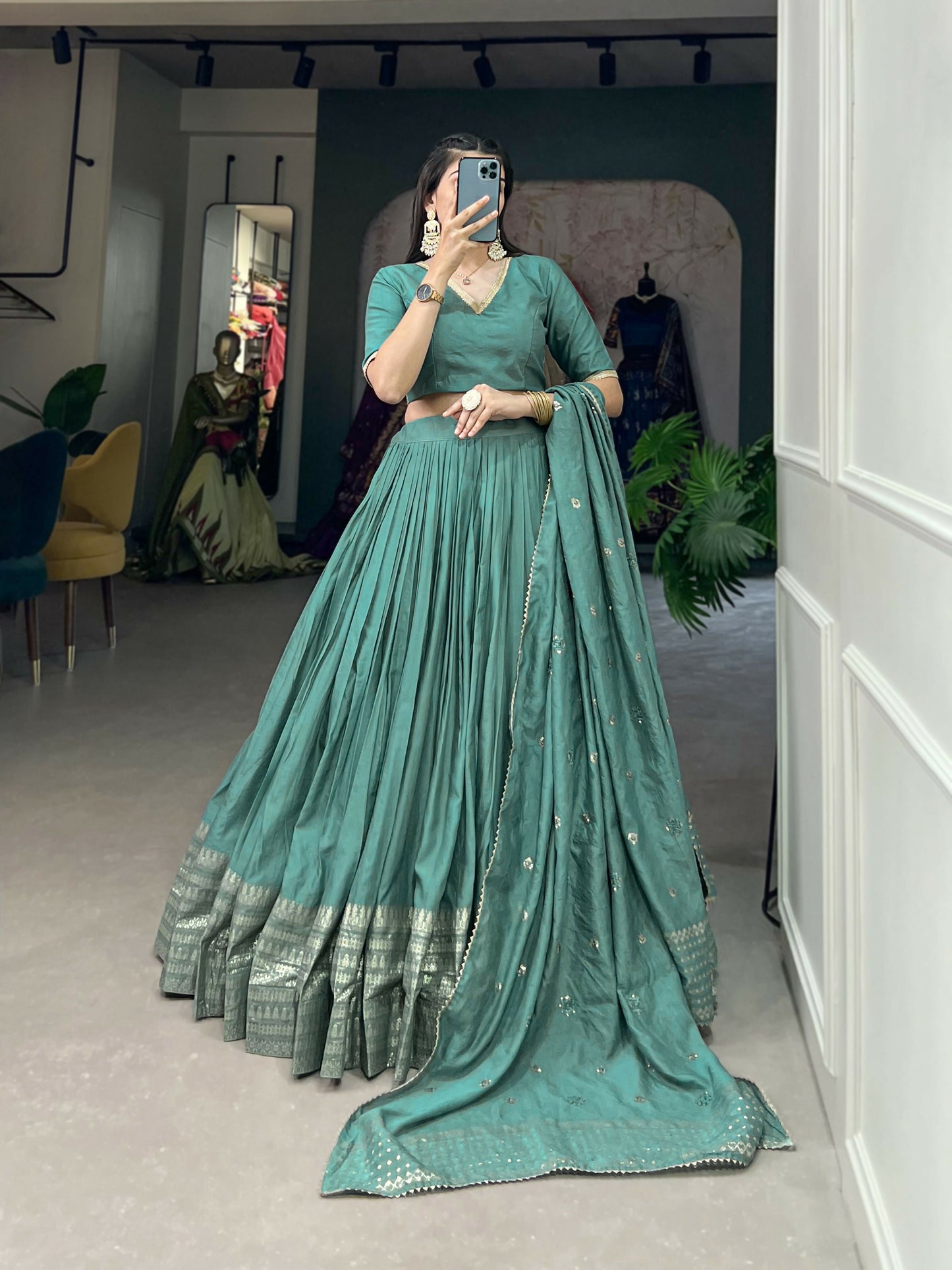 Lorenvalley Seagreen Pure Chanderi Plain With Zari Weaving Work Border Lehenga Choli | Swadesiicart