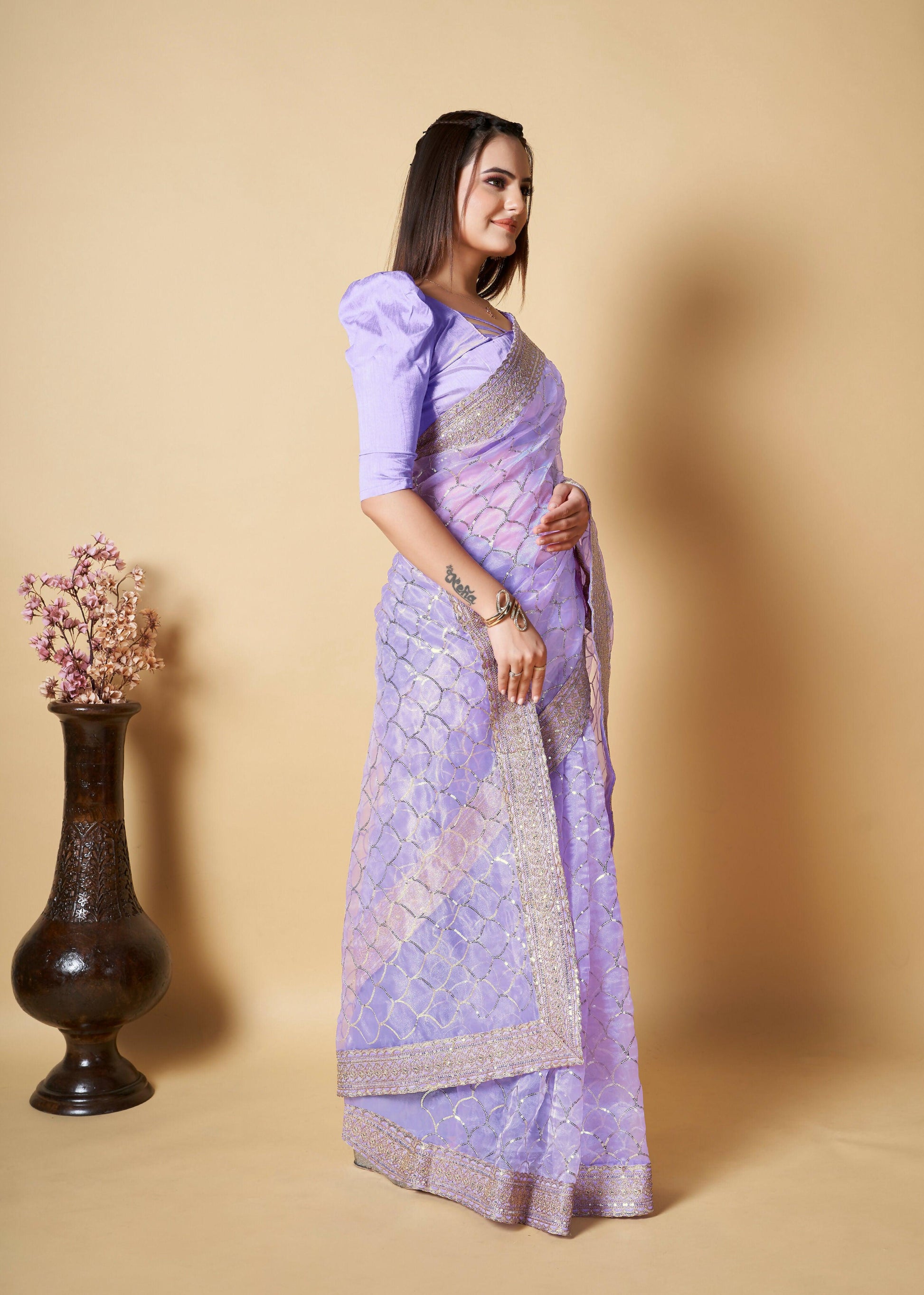 Vamsee Nirja Lavender Organza Saree - Swadesiicart