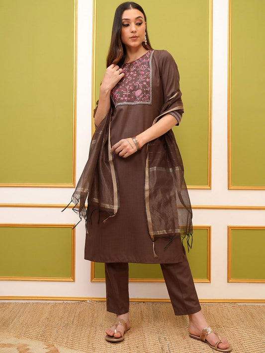 Vishudh Brown Ethnic Motifs Embroidered Kurta & Trousers With Dupatta - Swadesiicart
