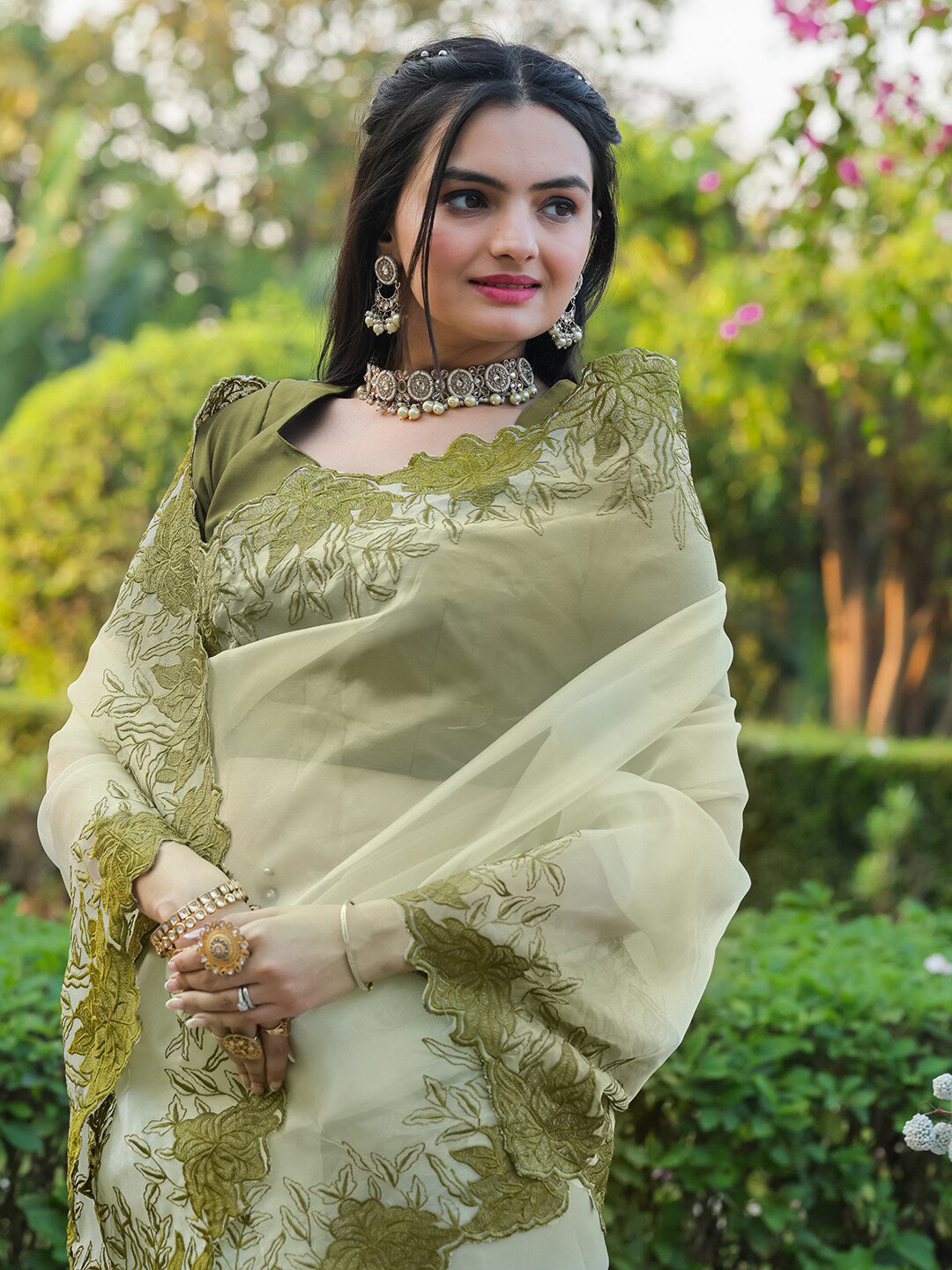 Tikhi Imli Embroidered Organza Saree | Swadesiicart