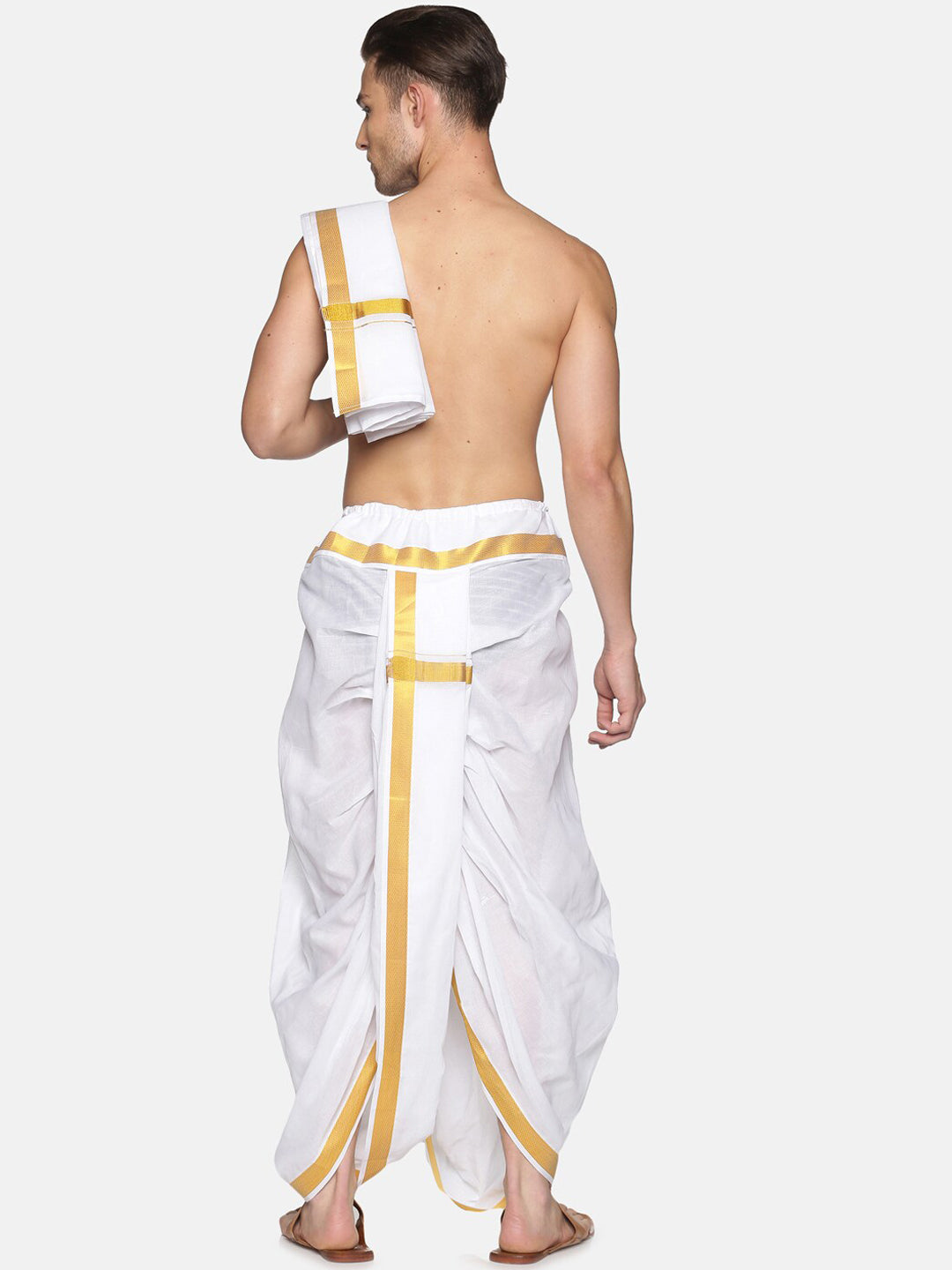 Sethukrishna Men White & Gold-Toned Solid Ready Made Dhoti Pants | Swadesiicart