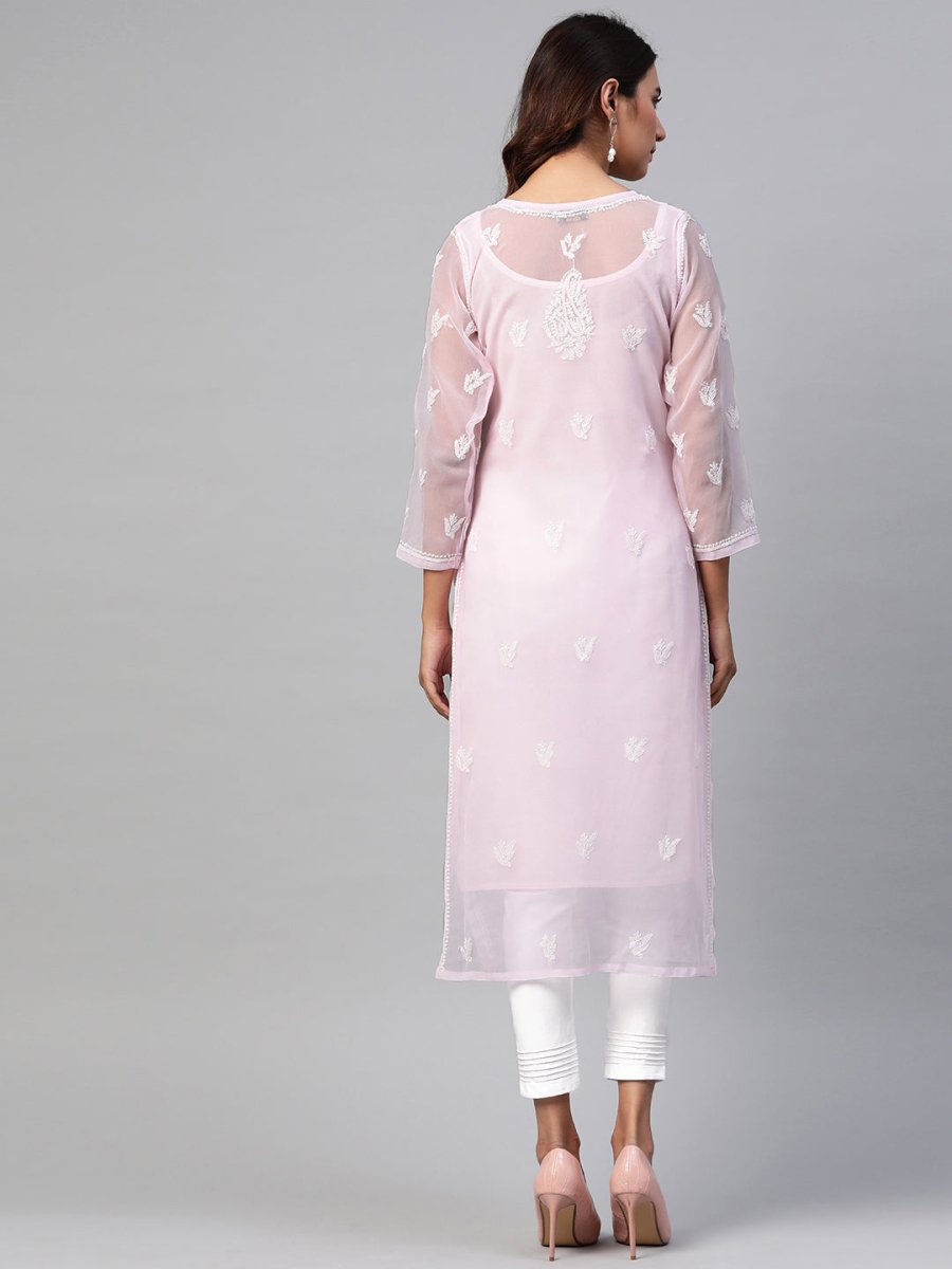 ADA Women Pink & White Chikankari Embroidered Handloom Kurta with Trousers | Swadesiicart