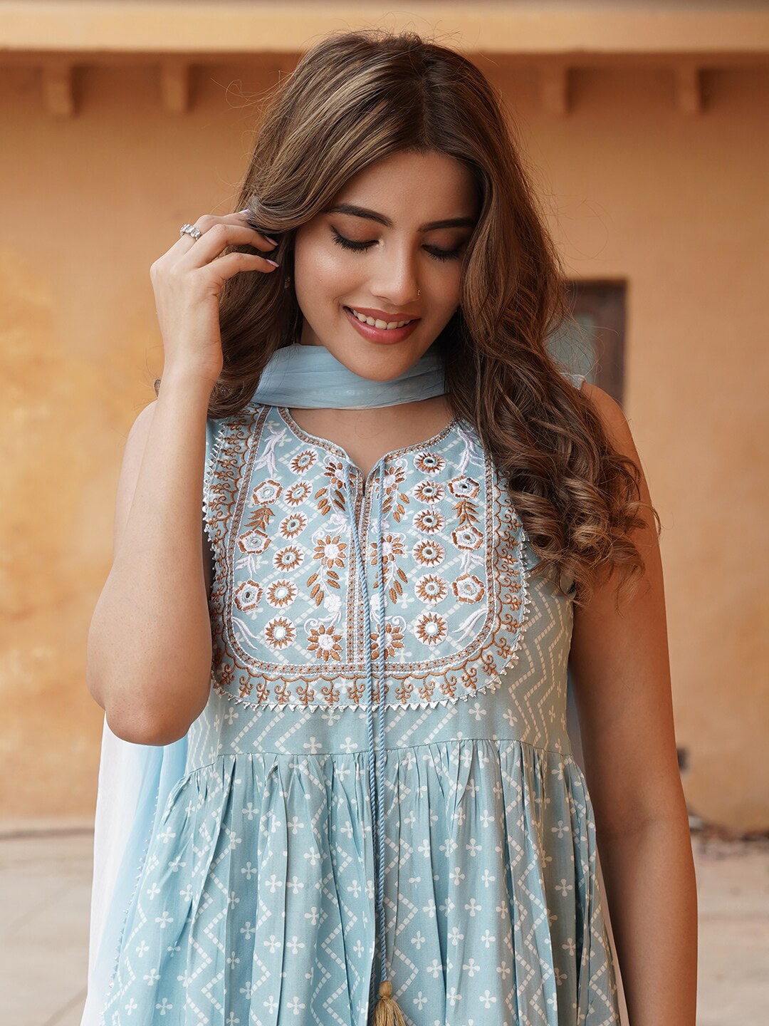 Kalini Ethnic Motifs Printed Thread Work A-Line Kurta With Sharara & Dupatta | Swadesiicart