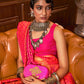 Mitera Pink & Gold-Toned Floral Silk Blend Banarasi Saree | Swadesiicart