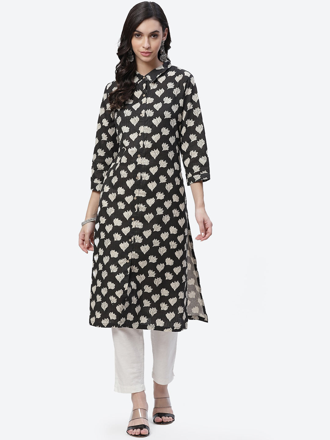 Biba Women Black and White Ethnic Motifs Print Straight Kurta - Swadesiicart