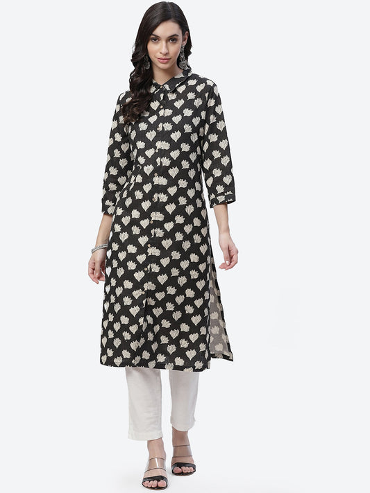 Biba Women Black and White Ethnic Motifs Print Straight Kurta - Swadesiicart