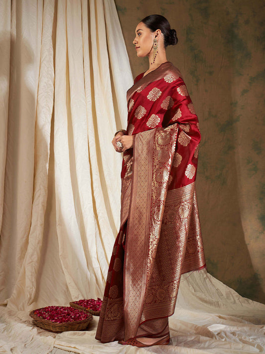 Sangria Red Ethnic Motifs Woven Design Zari Banarasi Saree | Swadesiicart