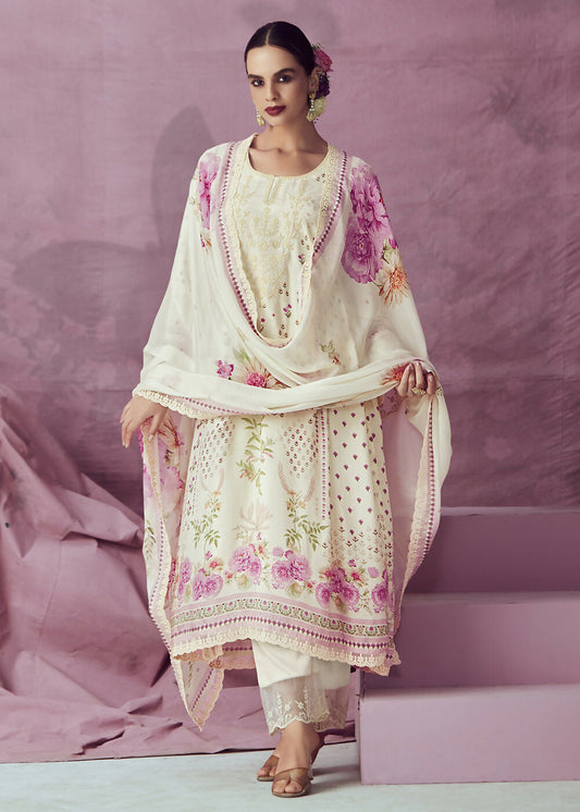 Ivory & Pink Muslin Cotton Printed Trendy Salwar Kurta Set - Emponline | Swadesiicart