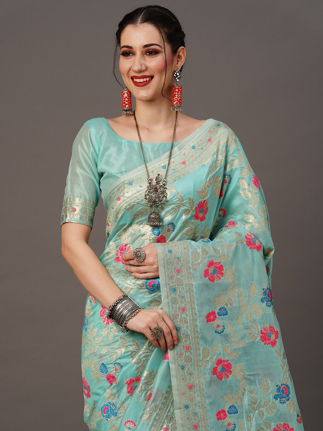 Mitera Floral Organza Banarasi Zari Saree With Blouse Piece | Swadesiicart