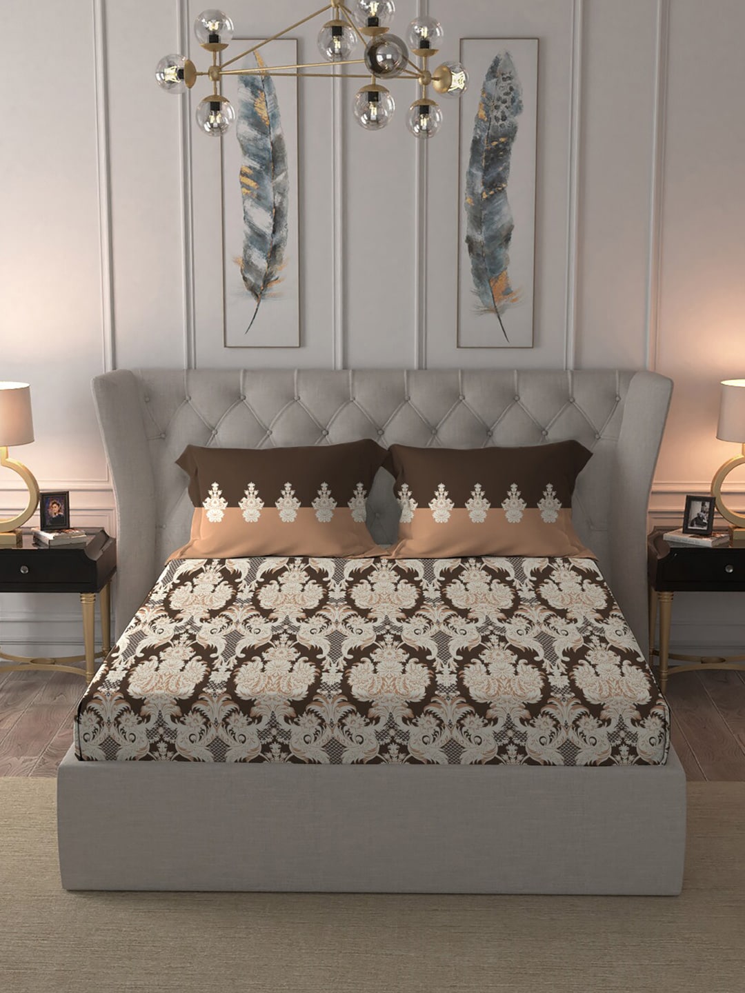 MYTRIDENT Brown White Ethnic Motifs Cotton 144 TC Queen Bedsheet With 2 Pillow Covers - Swadesiicart