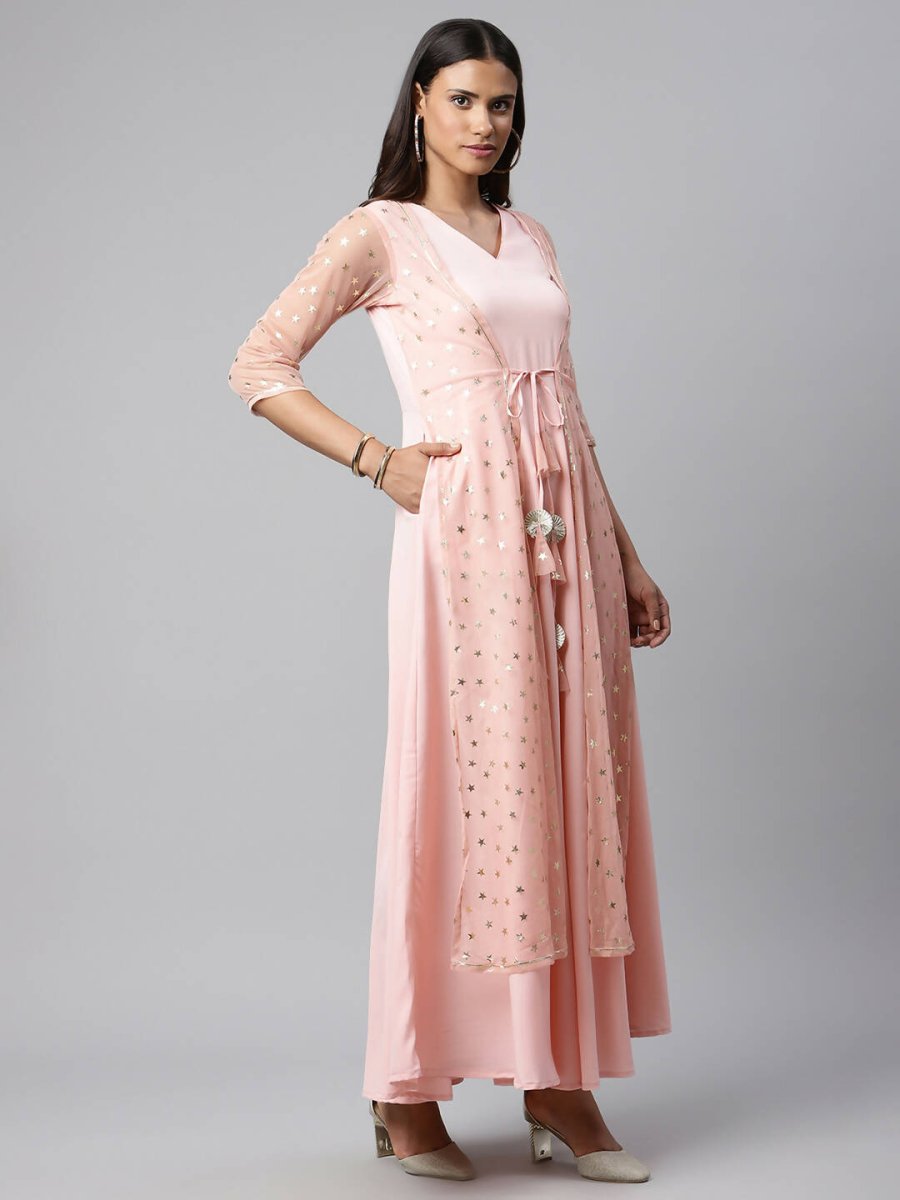 Ahalyaa Women Pink Crepe & Net Foil Print Dress | Swadesiicart