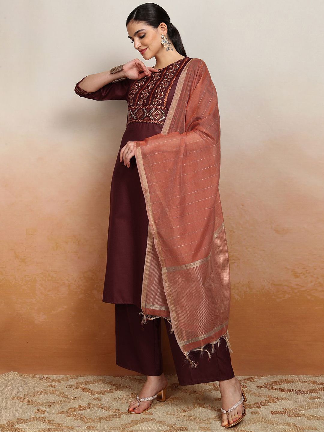 Vishudh Embroidered Rund Neck Straight Kurta & Palazzos With Dupatta - Swadesiicart