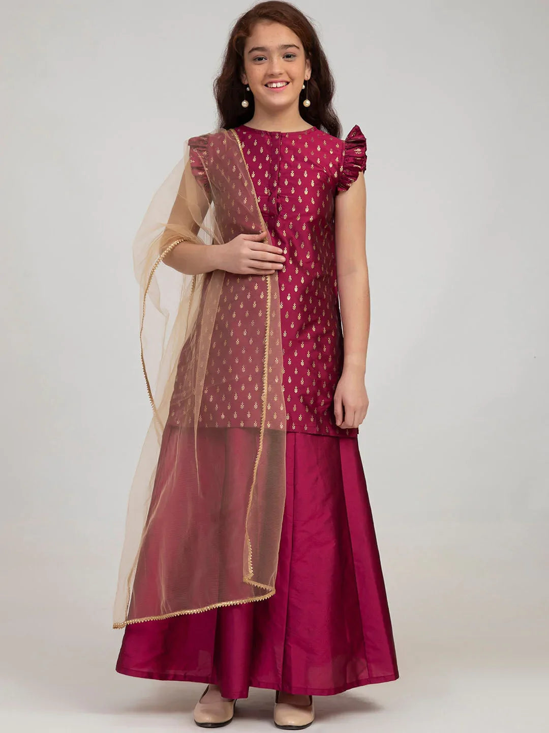 NOZ2TOZ Burgundy Embroidered Kurta with Sharara & With Dupatta For Girls | Swadesiicart