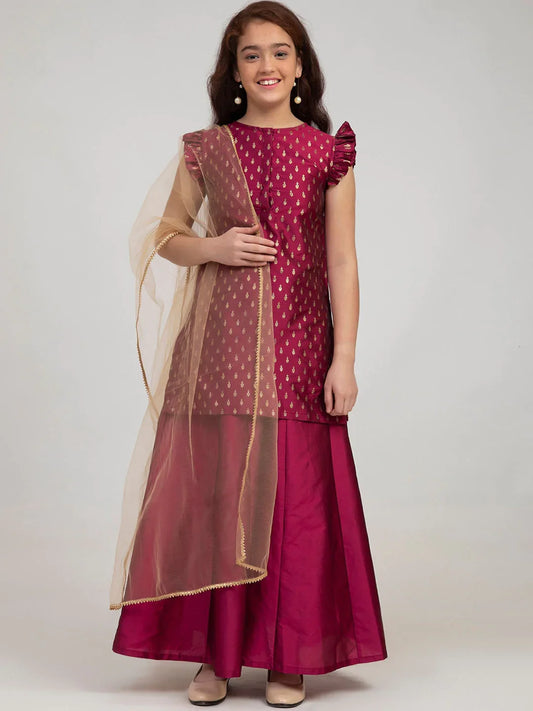 NOZ2TOZ Burgundy Embroidered Kurta with Sharara & With Dupatta For Girls | Swadesiicart