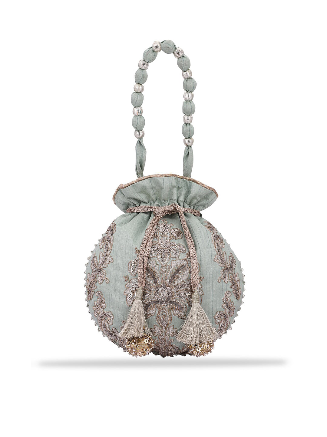 Masq Women Green & Silver-Toned Embellished Potli Clutch - Swadesiicart