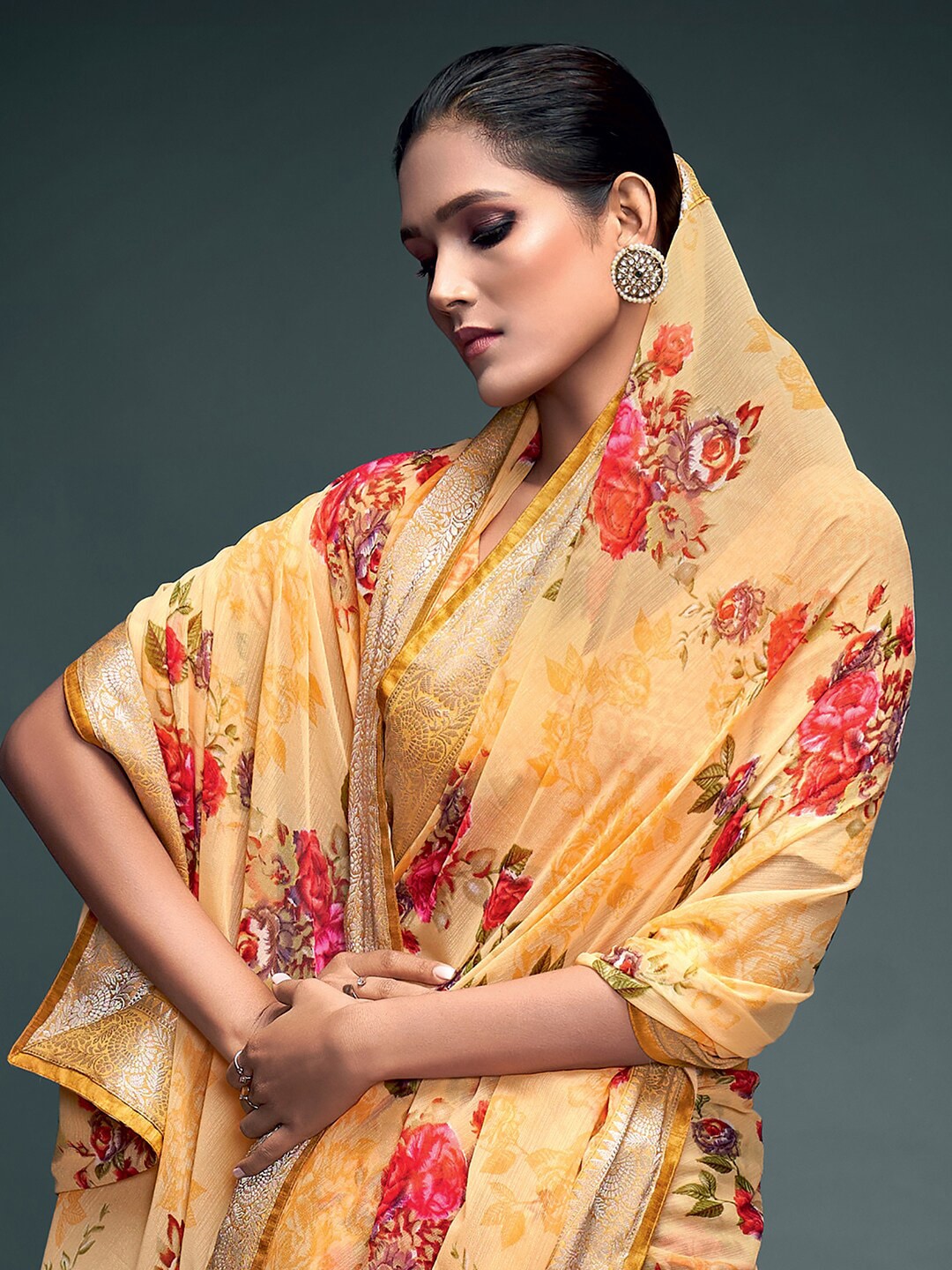 Saree Mall Yellow & Gold-Toned Floral Pure Georgette Banarasi Saree | Swadesiicart