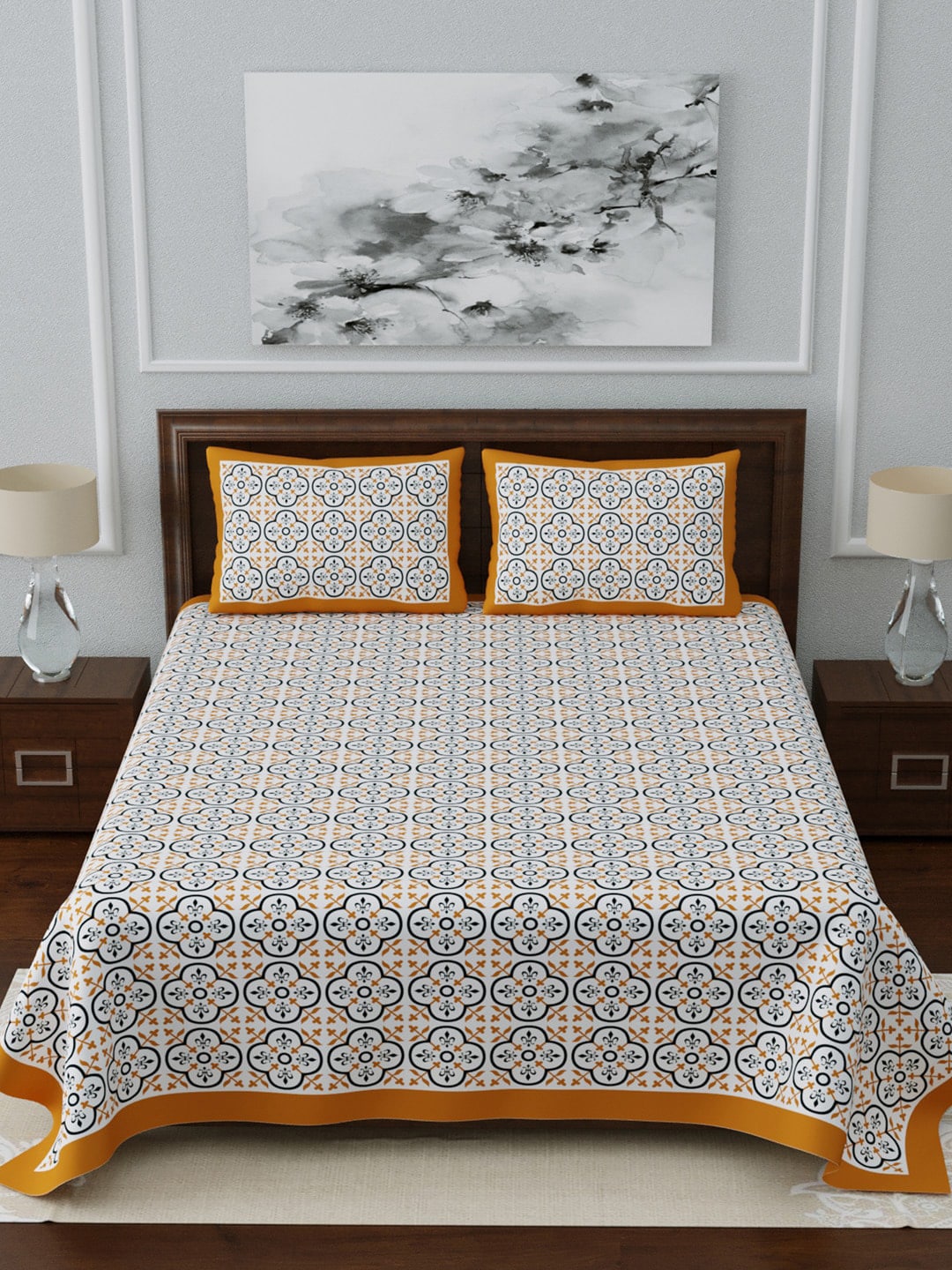 LIVING ROOTS White & Blue Ethnic Motifs Jaipuri 210 TC Cotton Double King Bedsheets With 2 Pillow Covers - Swadesiicart