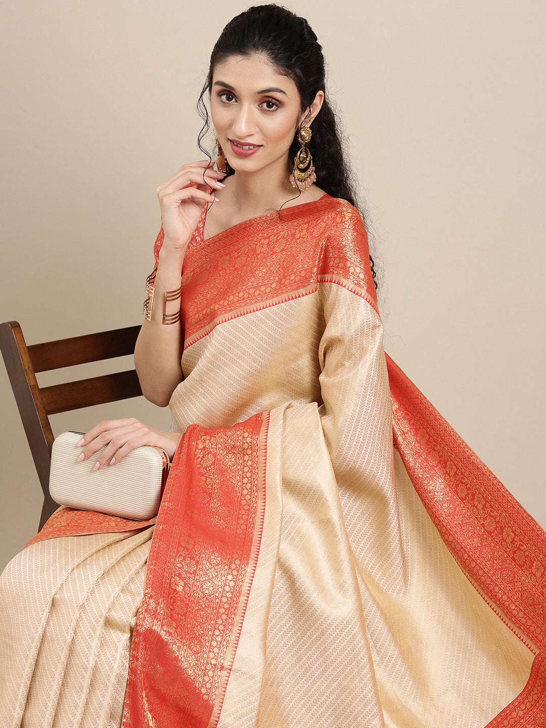 Saree Mall Off White & Red Woven Design Zari Silk Blend Banarasi Saree | Swadesiicart