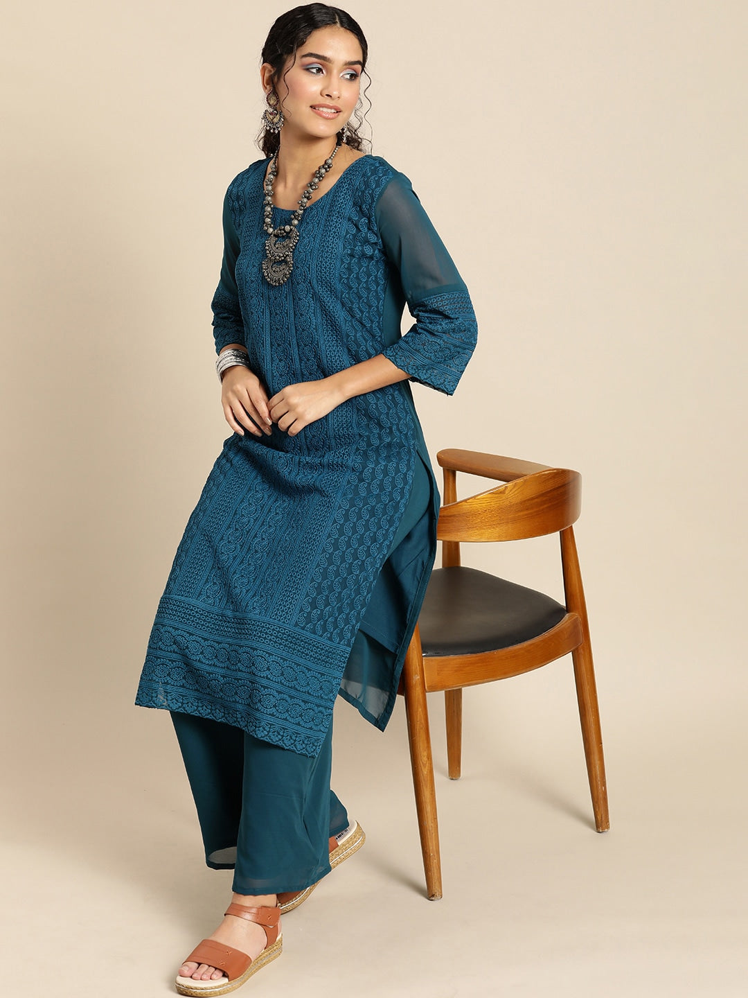Sangria Women Teal Blue Ethnic Motifs Chikankari Kurta with Palazzos | Swadesiicart