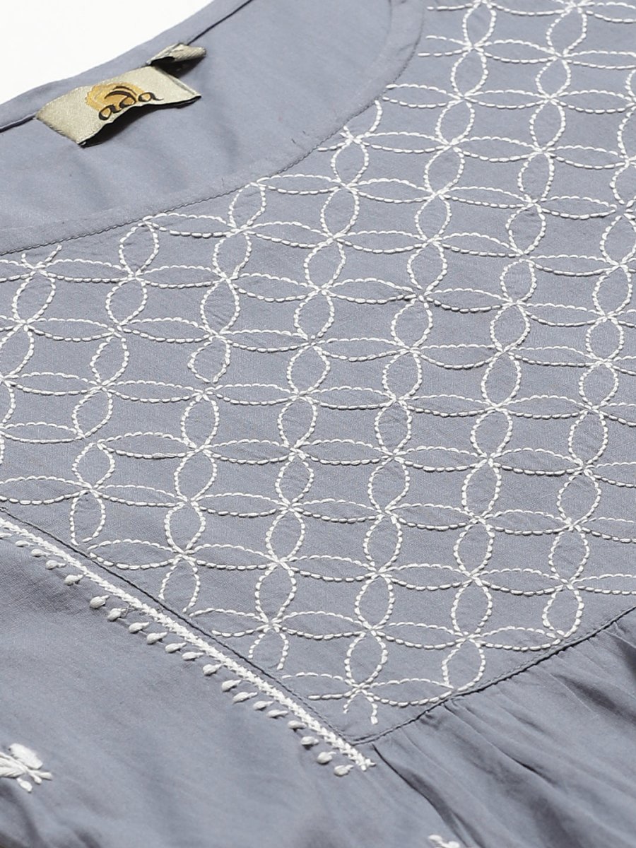 ADA Women Grey & White Chikankari Embroidered Sustainable Handloom Kurta with Trousers | Swadesiicart