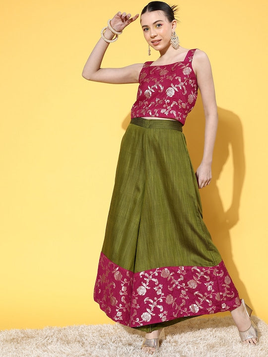 InWeave Women's Pink Brocade Strappy Top W Olive Pink Brocade Palazzo Set - Swadesiicart