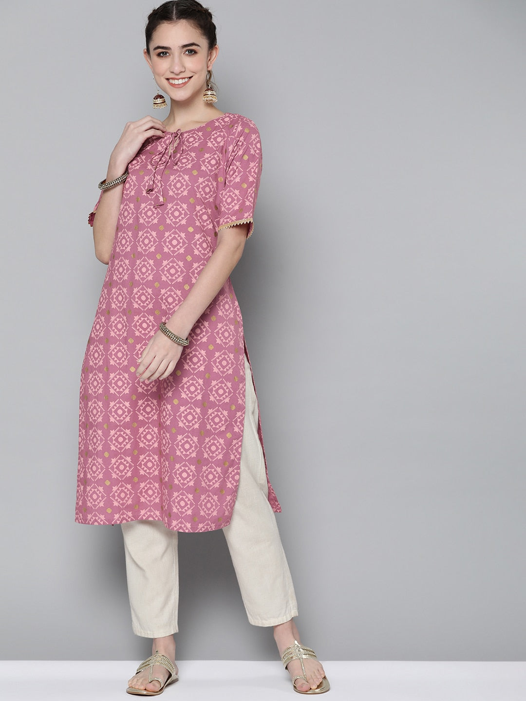 HERE&NOW Women Pink Geometric Printed Kurta - Swadesiicart