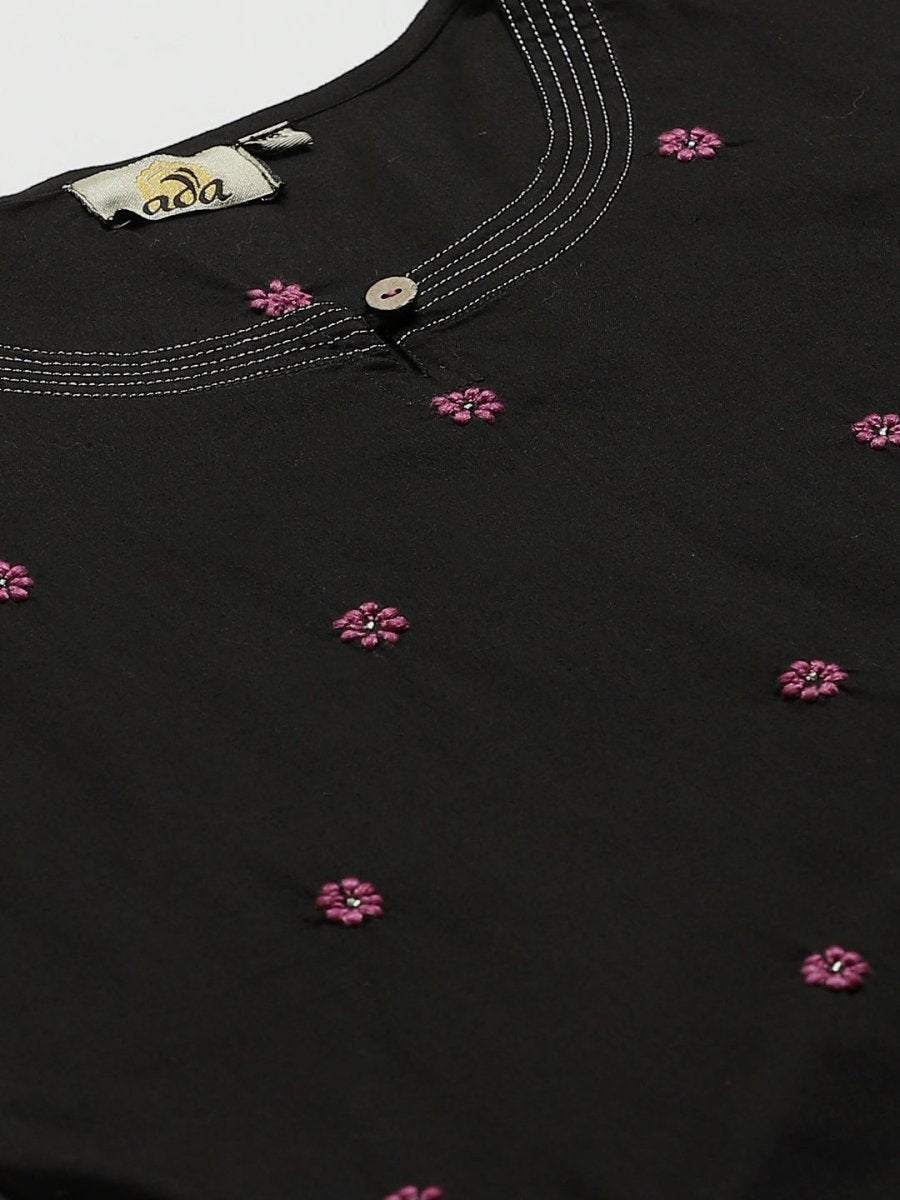 ADA Women Black & Pink Chikankari Embroidered Sustainable Handloom Kurta with Trousers | Swadesiicart