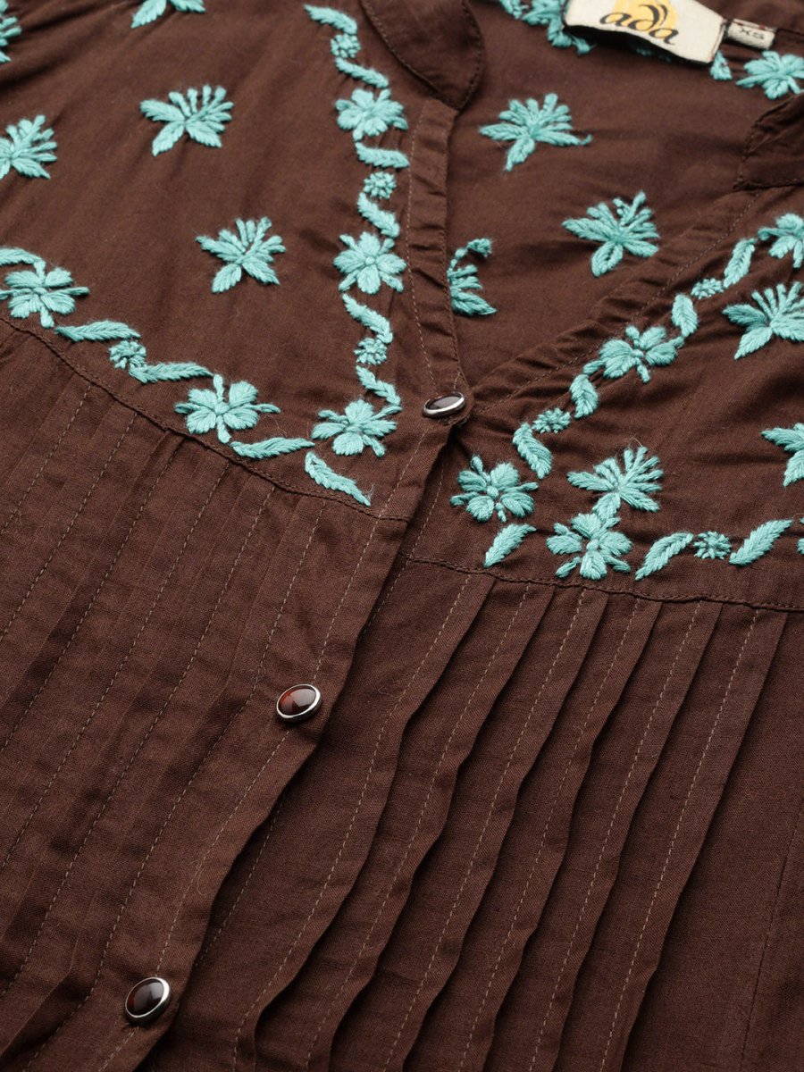 ADA Women Brown & Green Chikankari Embroidered Handloom Kurta with Trousers | Swadesiicart