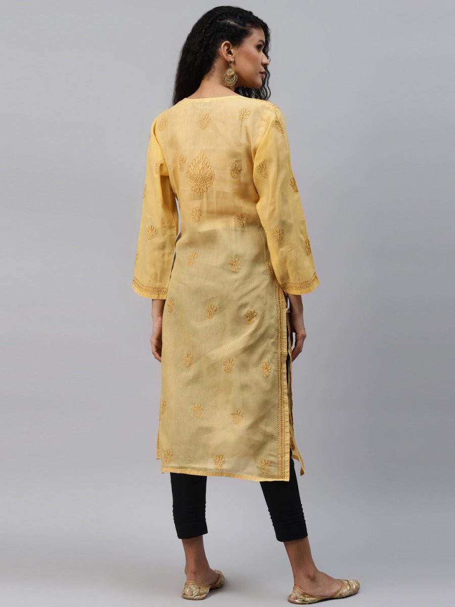 ADA Women Beige & Black Ethnic Motifs Embroidered Chikankari Handloom Kurta with Trousers | Swadesiicart