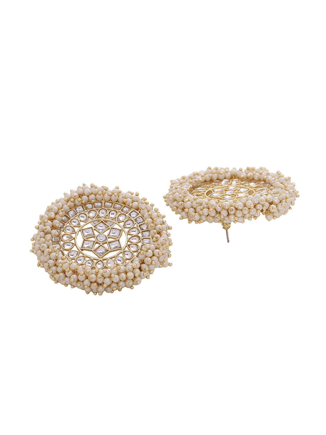 Shoshaa off-White Gold-Polished Kundan Studded & Beaded Circular Drop Earrings | Swadesiicart