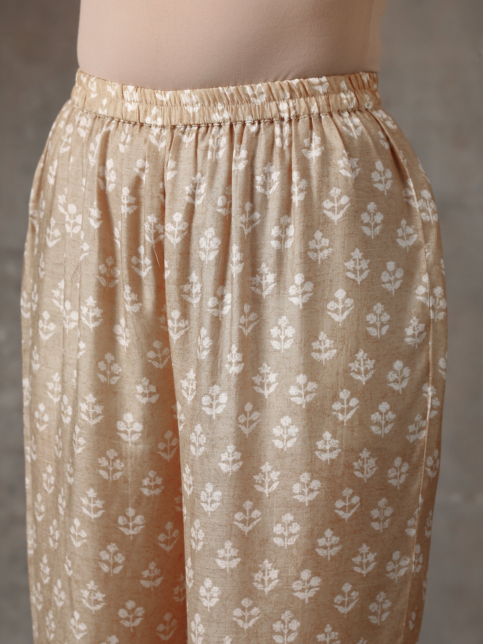 trueBrowns Beige White Printed Silk Co-Ord Set - Swadesiicart