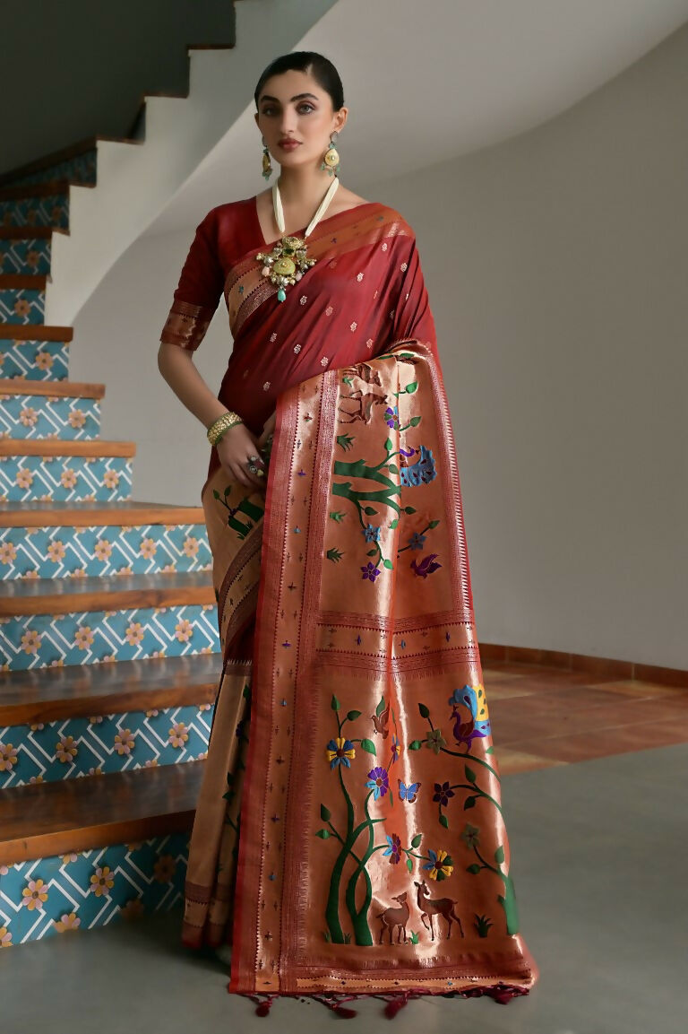 Vishnu Weaves Women's Maroon Paithani Silk Zari Woven Saree with Blouse - Swadesiicart