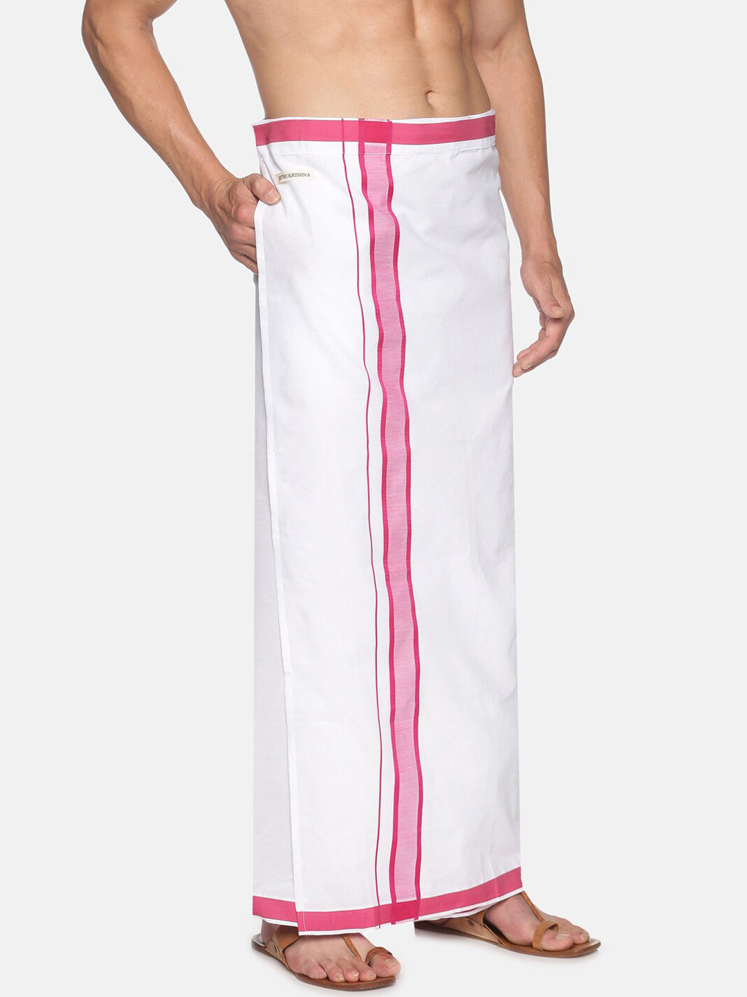 Sethukrishna White & Pink Solid Cotton Dhoti For Men | Swadesiicart