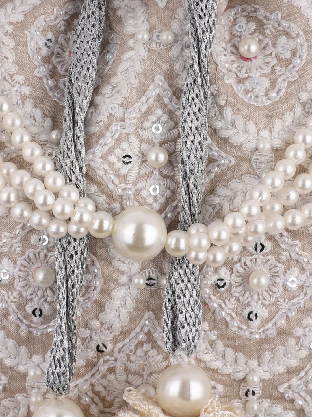 Masq Tan & White Embroidered Potli Clutch - Swadesiicart