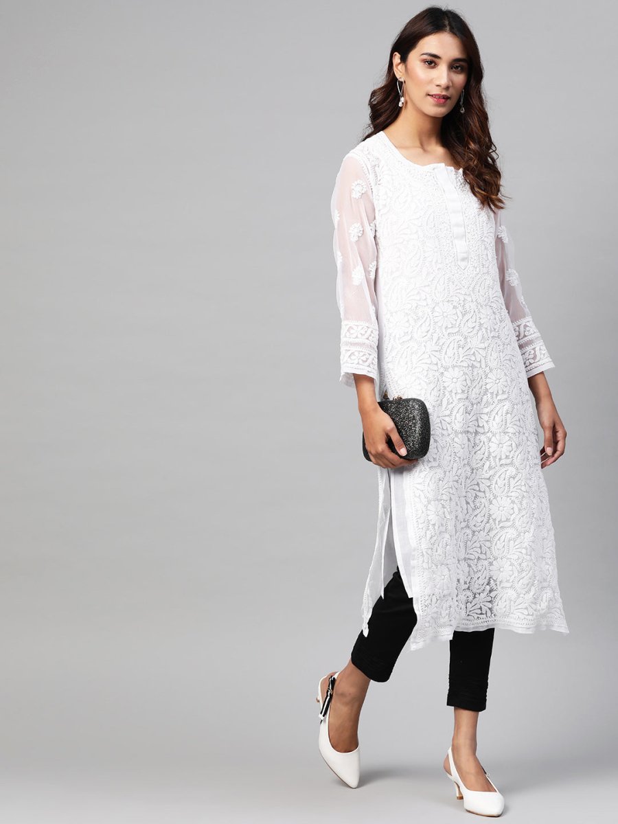 ADA Women White & Black Chikankari Embroidered Sustainable Handloom Kurta with Trousers & Inner | Swadesiicart