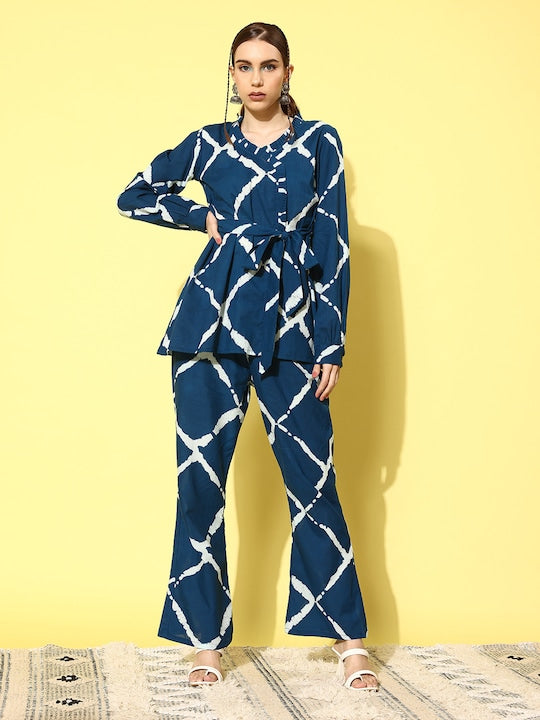 InWeave Women's Indigo Criss Cross Belted Coord Set - Swadesiicart