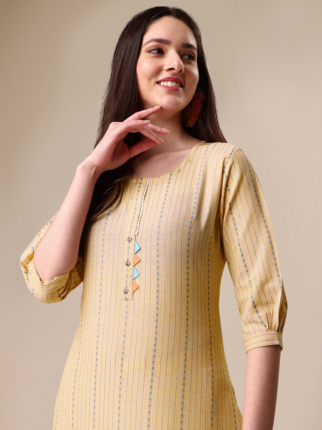 Kalini Women Woven Striped Thread Work Kurta with Trousers - Swadesiicart