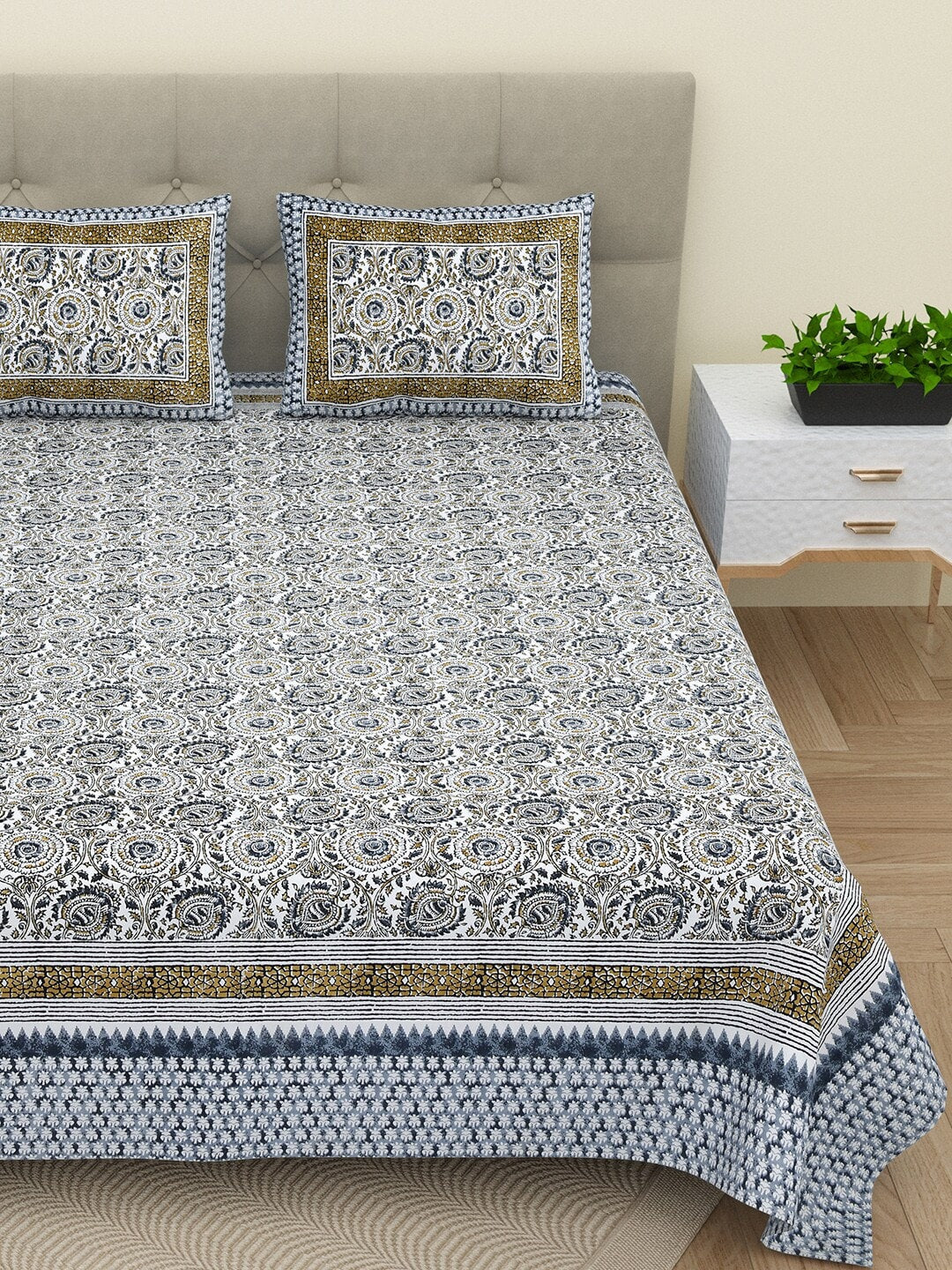 BELLA CASA Ethic White & Blue Printed Cotton 180 TC King Bedsheet with 2 Pillow Covers - Swadesiicart