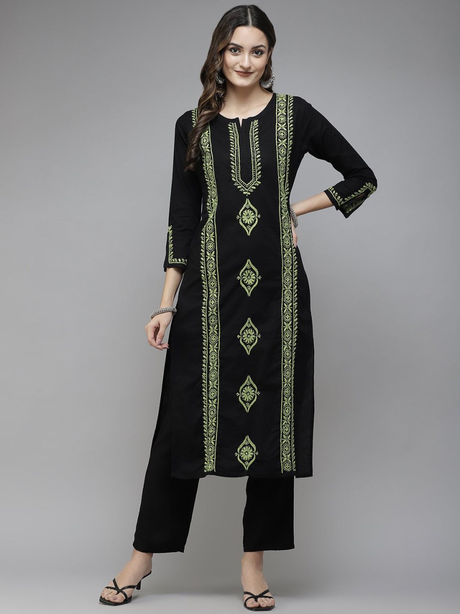 ADA Women Black & Green Ethnic Motifs Embroidered Chikankari Handloom Handloom Kurta | Swadesiicart