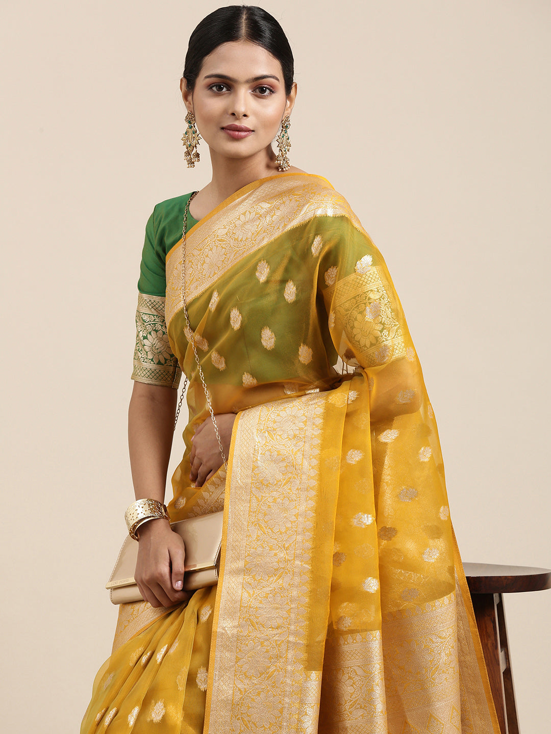 Saree Mall Mustard Ethnic Motifs Zari Organza Banarasi Saree | Swadesiicart