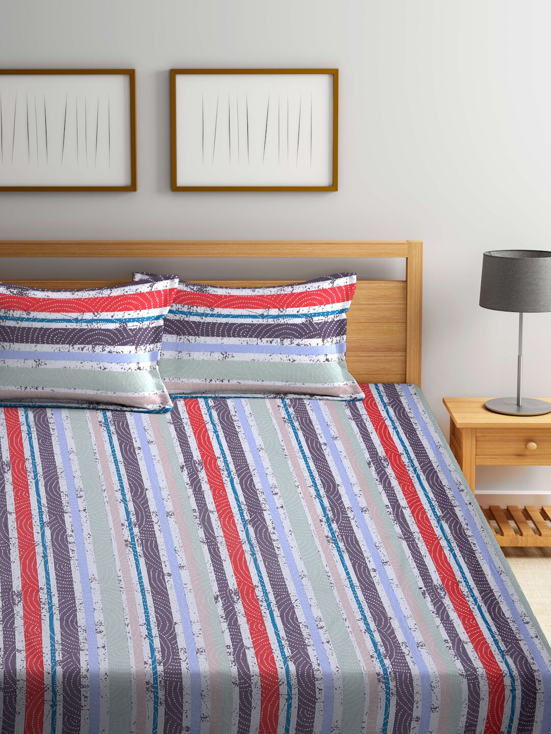BOMBAY DYEING Red & Blue Striped Cotton 120 TC King Bedsheet with 2 Pillow Covers - Swadesiicart