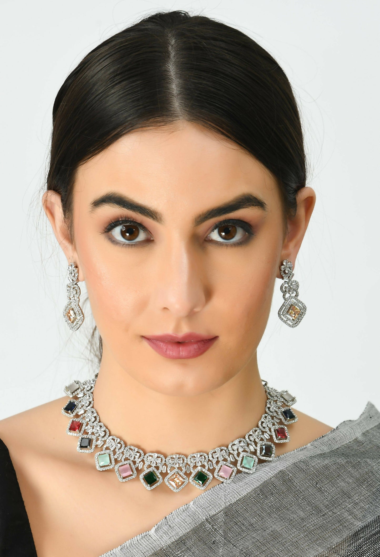 Mominos Fashion Johar Kamal Women Silver-Plated American Diamond Multi Colour Choker Set | Swadesiicart
