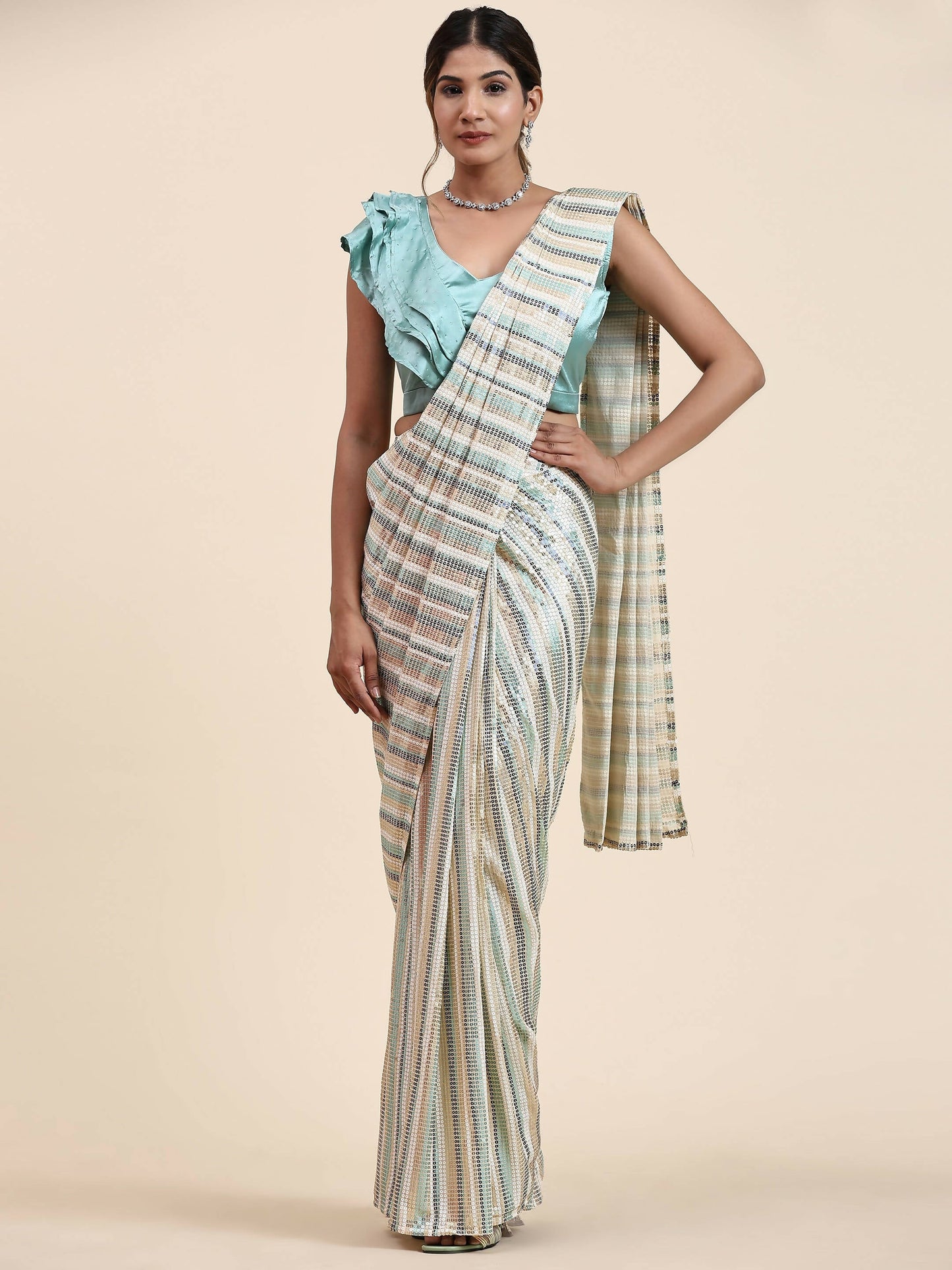 Sky Blue Pure Georgette Sequence work Ready to wear Saree with stitched Blouse - Satiksha | Swadesiicart