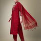 Jyoti Fashion Women's Maroon Cotton Blend Embroidery & Fancy Lace work Kurta with Trouser & Dupatta | Swadesiicart