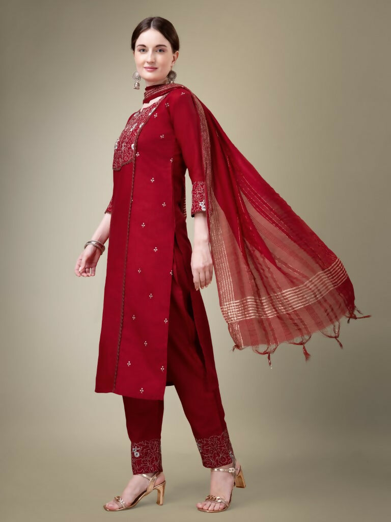 Jyoti Fashion Women's Maroon Cotton Blend Embroidery & Fancy Lace work Kurta with Trouser & Dupatta | Swadesiicart